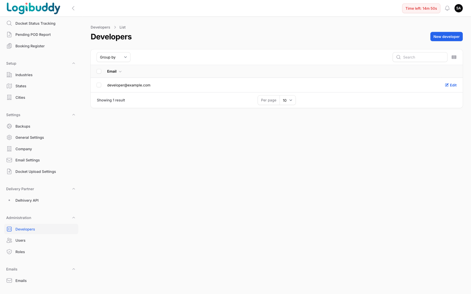 Developers screen for managing API access